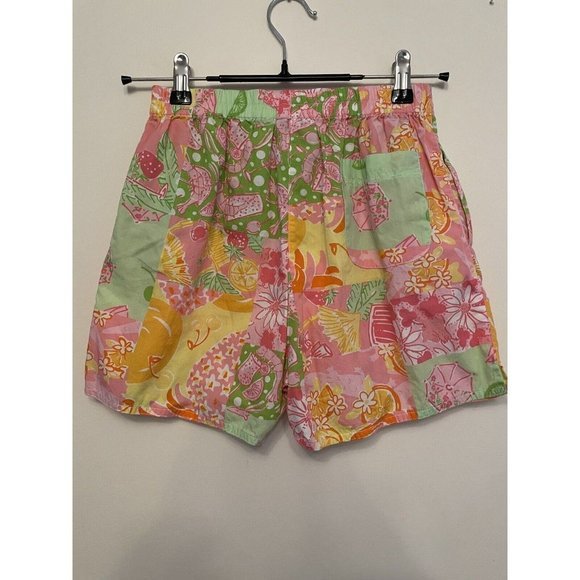 Lilly Pulitzer Shrimp Fruit Floral Kid's Shorts Size 14 Elastic Waist Pink Green - Picture 2 of 4